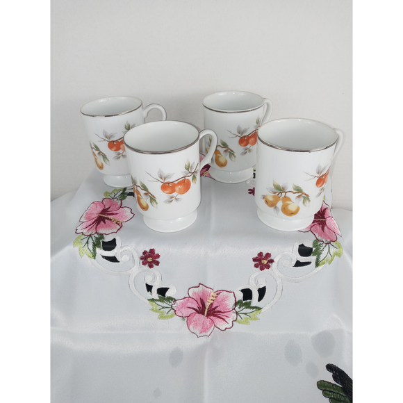 Coffee Cups Marked Japan Apple & Pear Branches with Silver Trim 8 oz Set of 4 - Picture 2 of 6